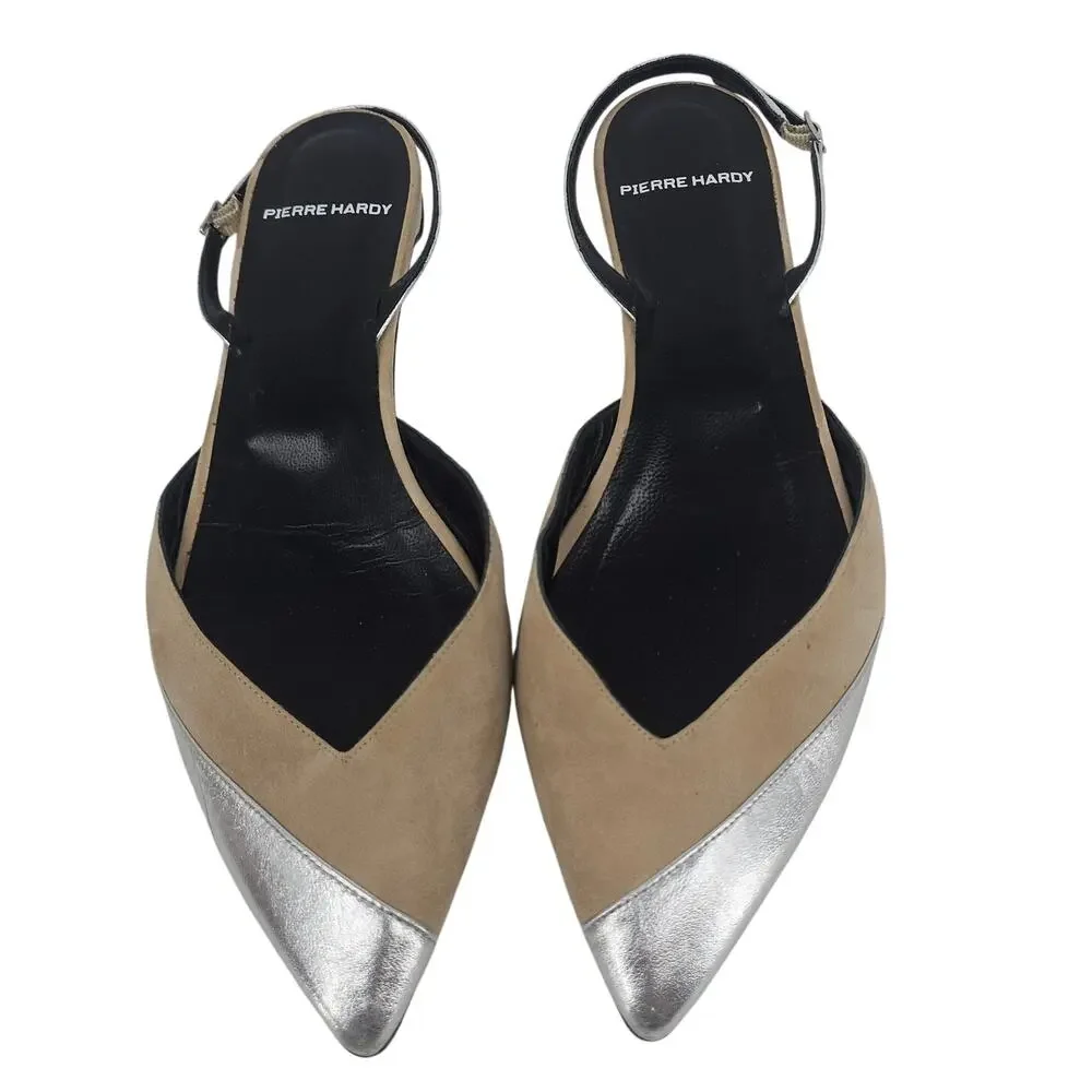 Pierre Hardy Tan Suede Silver Leather Pointed Slingback Flat Mule Shoe 40 9.5